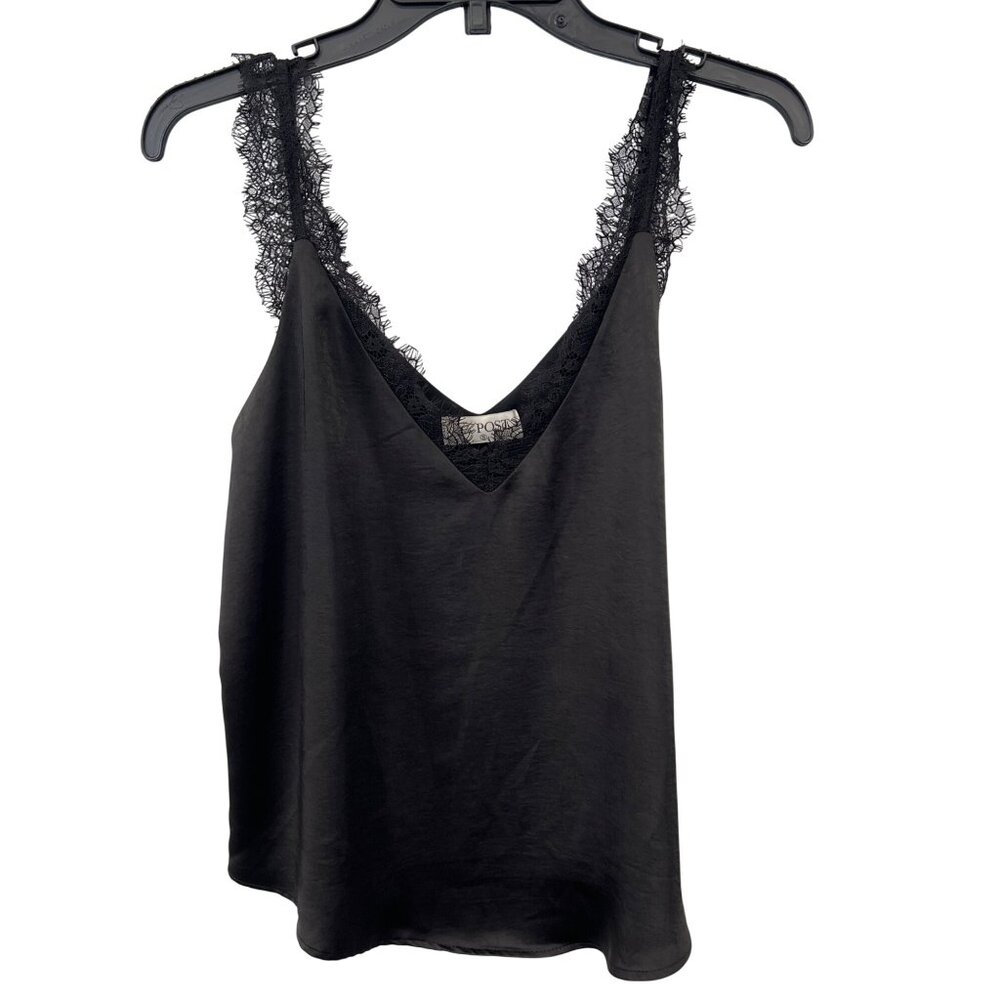 The Post Lace Trim V Neck Cami Top Womens Small Sleeveless Lined Black Fairygoth